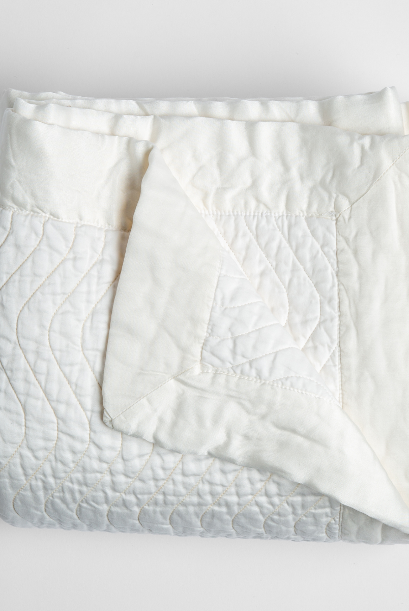 Winter White: a folded quilted cotton sateen throw blanket with its corner folded down to show the trim contrast - shot against a white background. 